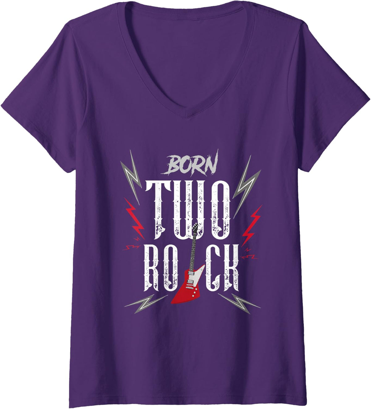 Women's 2nd Birthday Guitar Born Two Rock 2 Year Old Rocker Bday Boy V-Neck T-Shirt - Purple