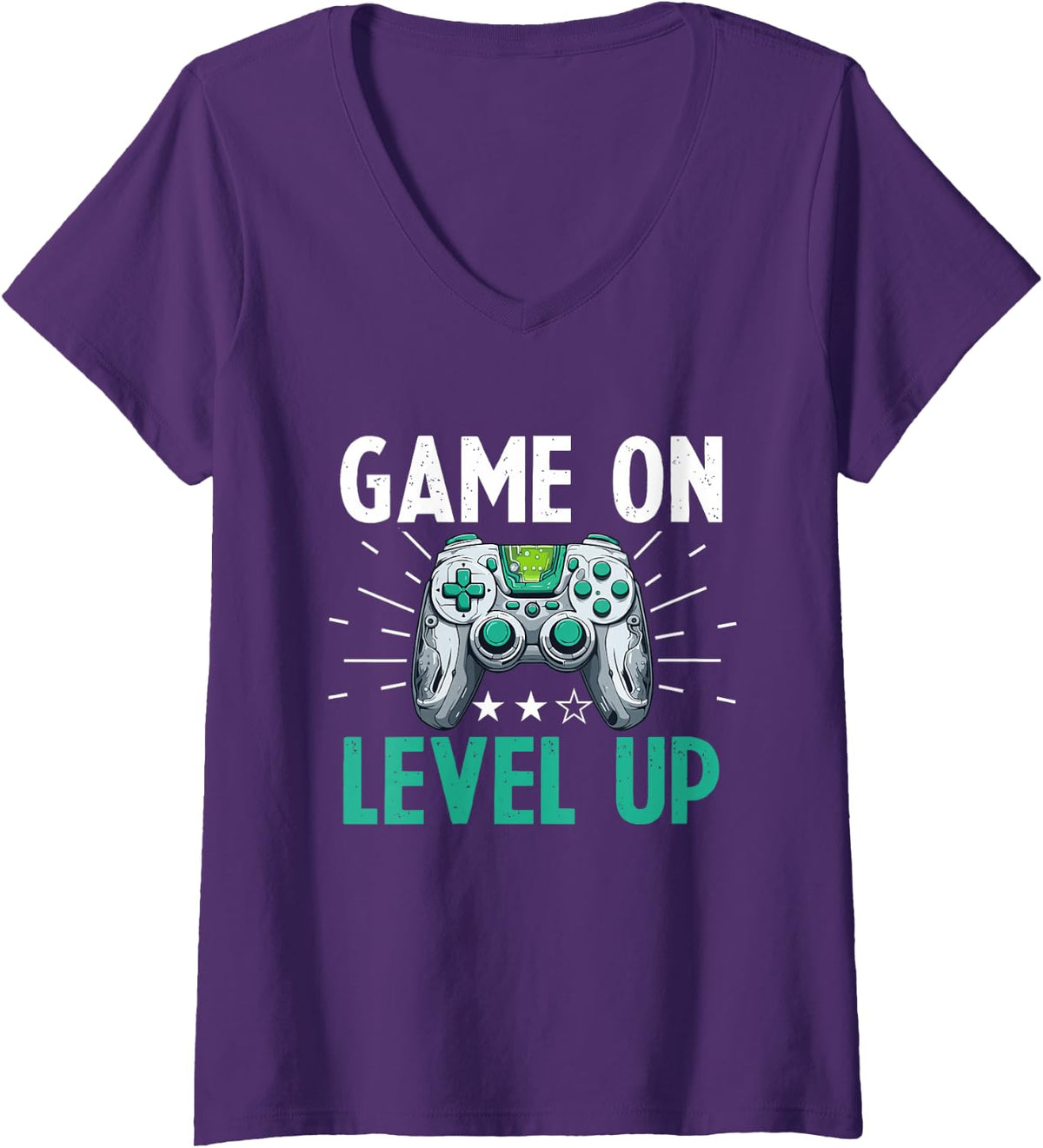 Womens Gamer Gaming Game On, Level Up V-Neck T-Shirt - Purple
