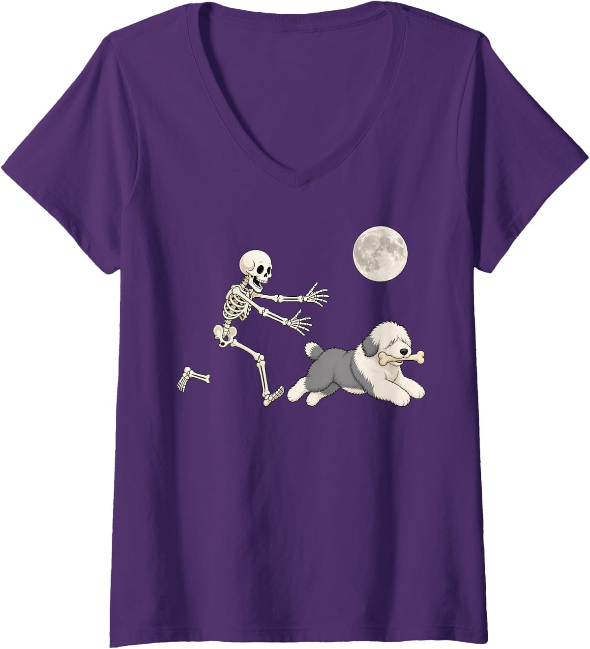 Women's Old English Sheepdog Running Skeleton Retro Halloween Dog V-Neck T-Shirt - Purple