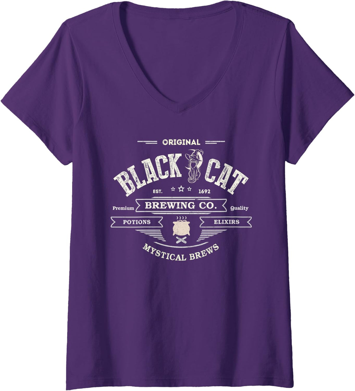 Womens Sarcastic Black CAT Witch Brewing CO Potions Coffee Company V-Neck T-Shirt - Purple