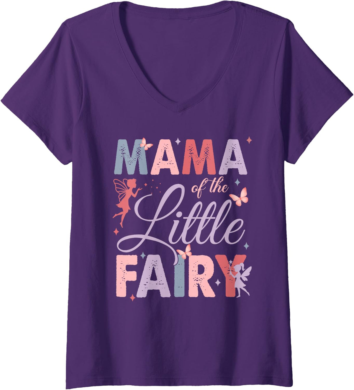 Womens Mama of The Little Fairy Birthday Girl Family Matching Mom V-Neck T-Shirt - Purple