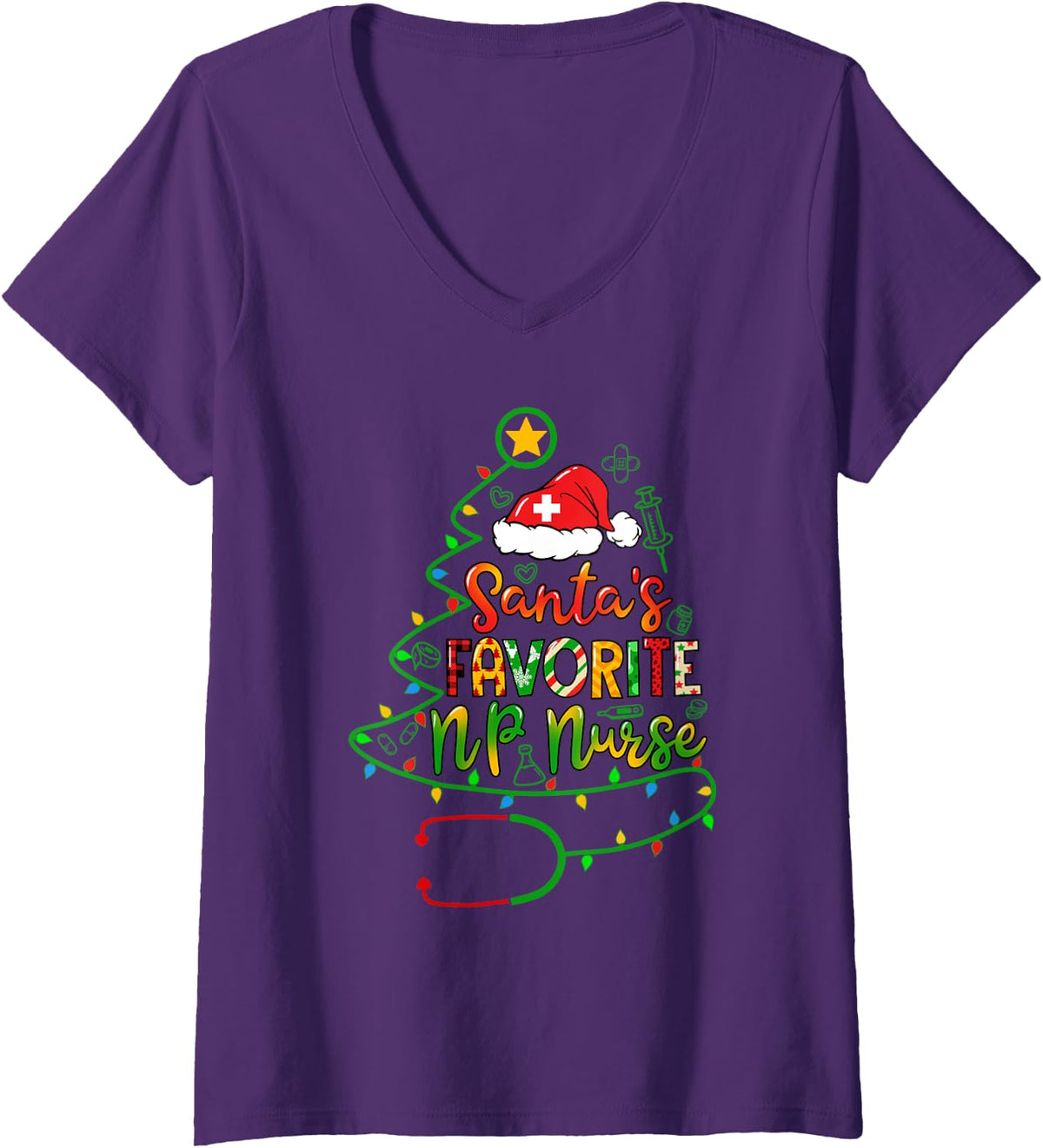 Women's Santa's Favorite NP Nurse Nurse Practitioner Christmas V-Neck T-Shirt - Purple