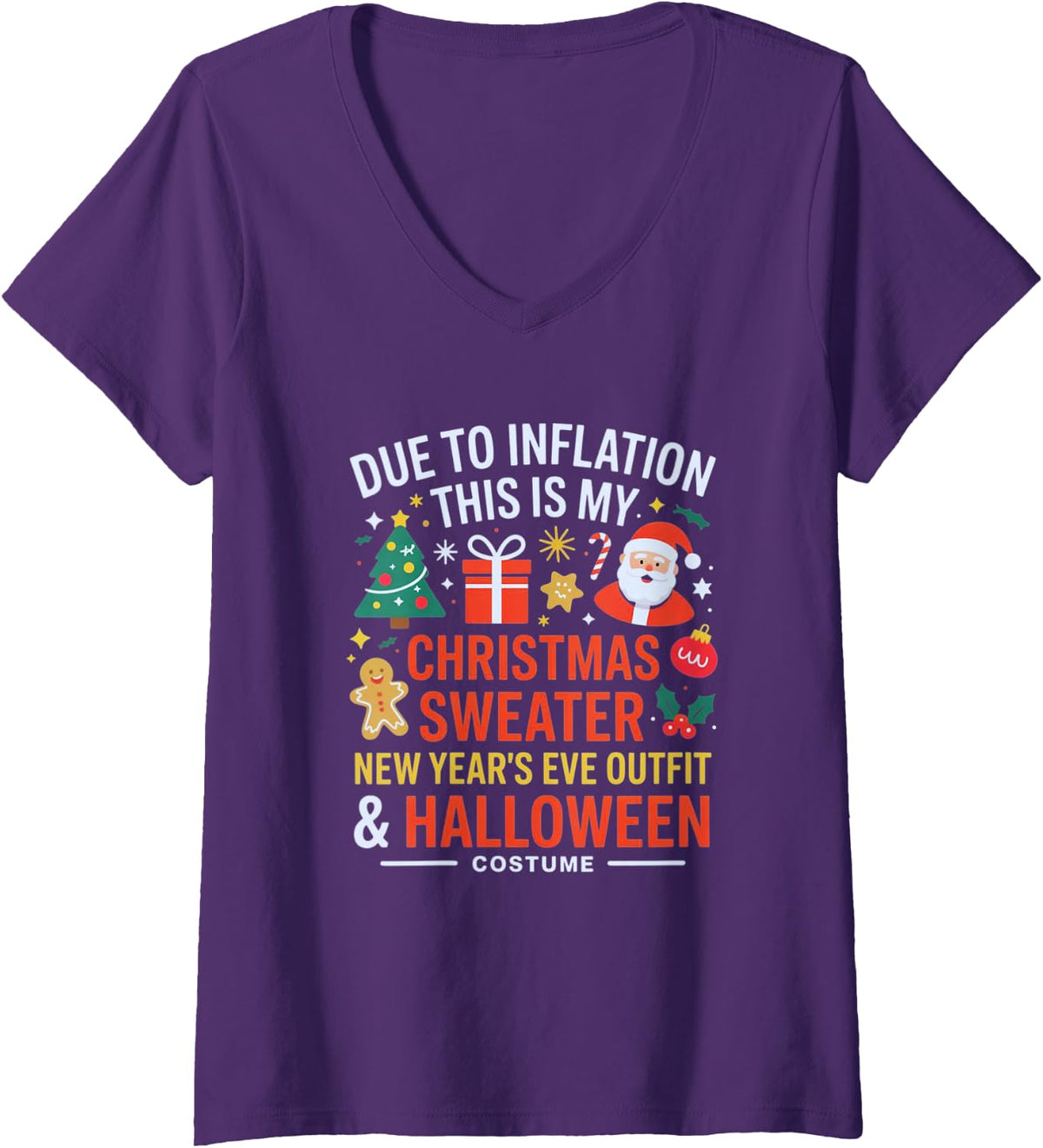 Women's Due to Inflation Fun Halloween New Year's Eve Christmas 2026 V-Neck T-Shirt - Purple