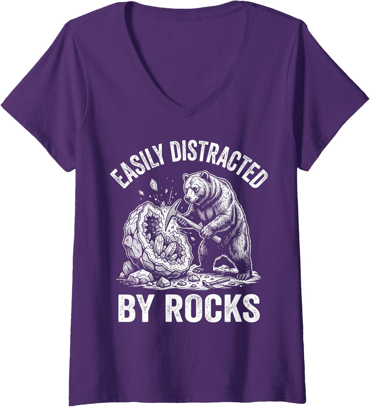Women's Easily Distracted By Rocks Bear Miner Funny Geology V-Neck T-Shirt - Purple