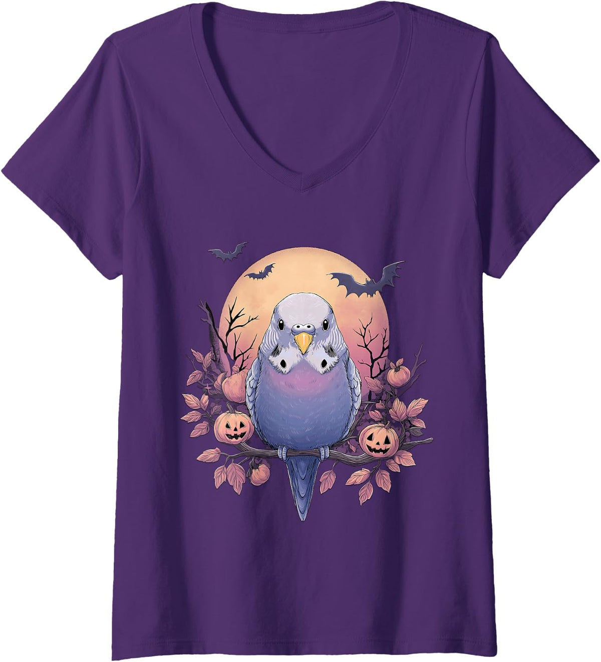 Women's Funny Budgie Halloween V-Neck T-Shirt - Purple