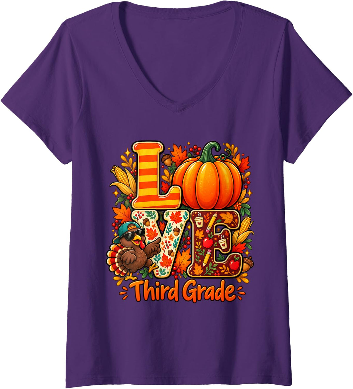 Women's Love Third Grade Teacher Turkey Thanksgiving Autumn Fall V-Neck T-Shirt - Purple