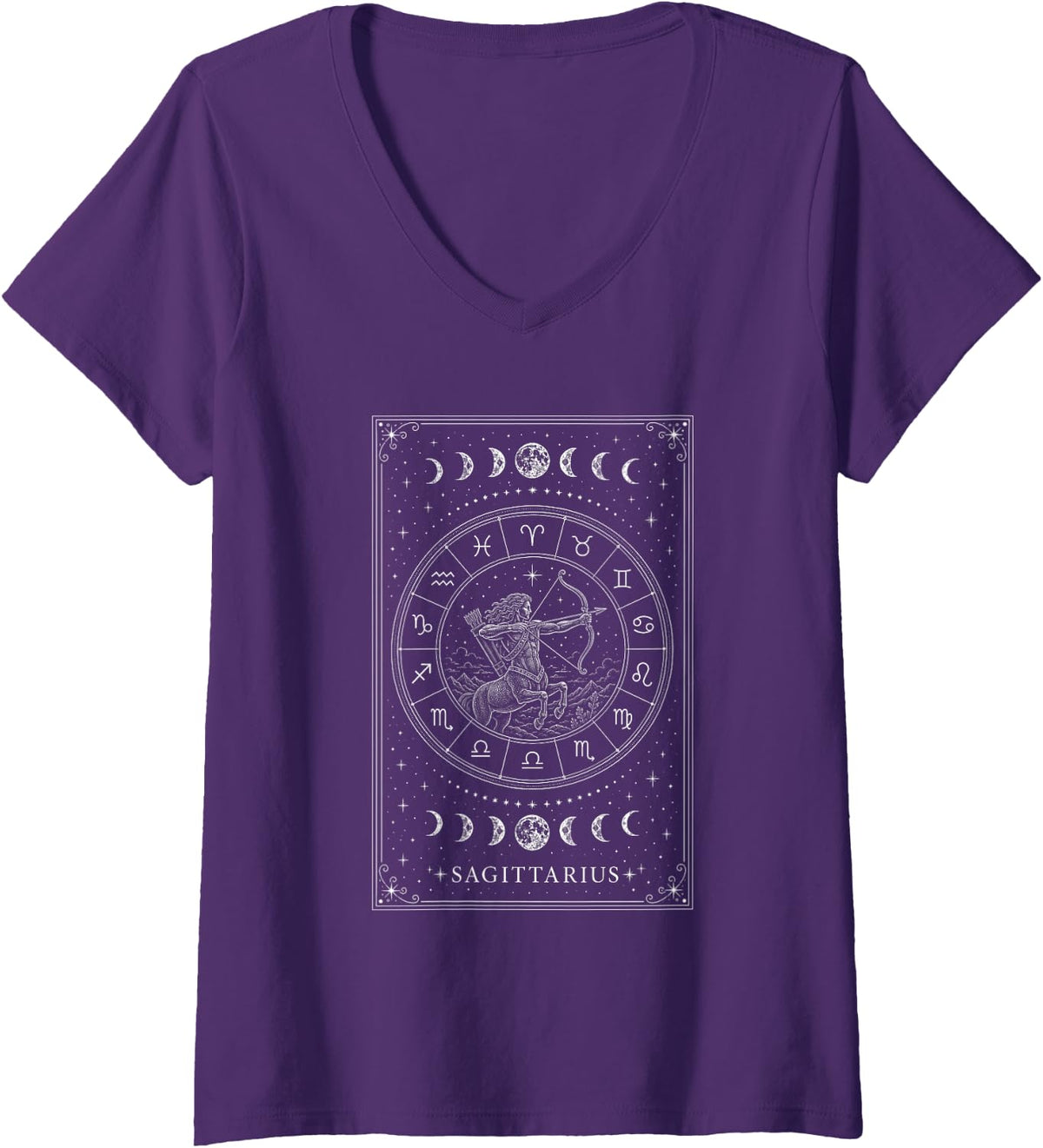 Women's Cosmic Tarot Sagittarius Vintage Celestial Zodiac Horoscope V-Neck T-Shirt - Purple