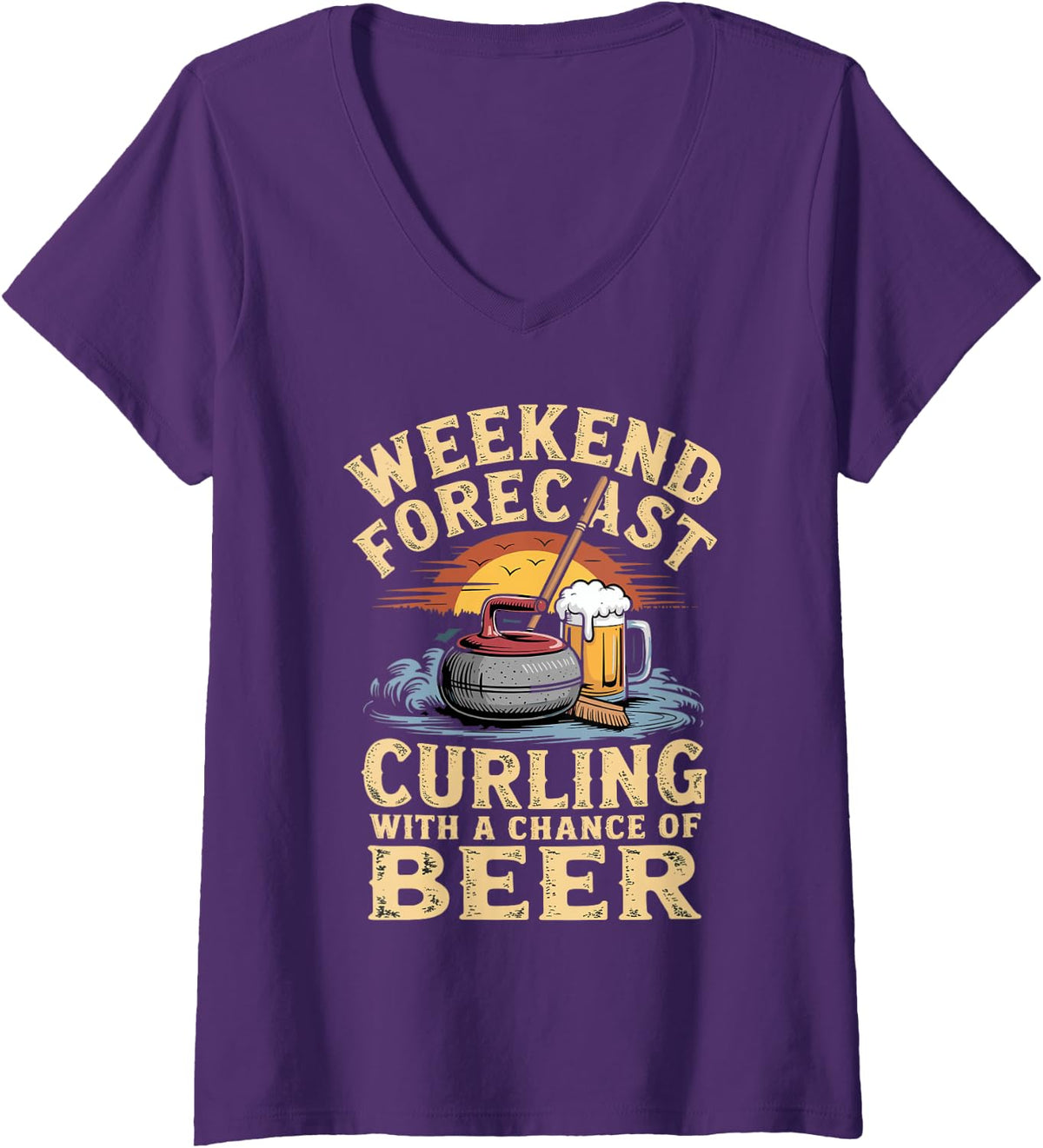 Women's Weekend Forecast Curling with a Chance of Beer Player V-Neck T-Shirt - Purple