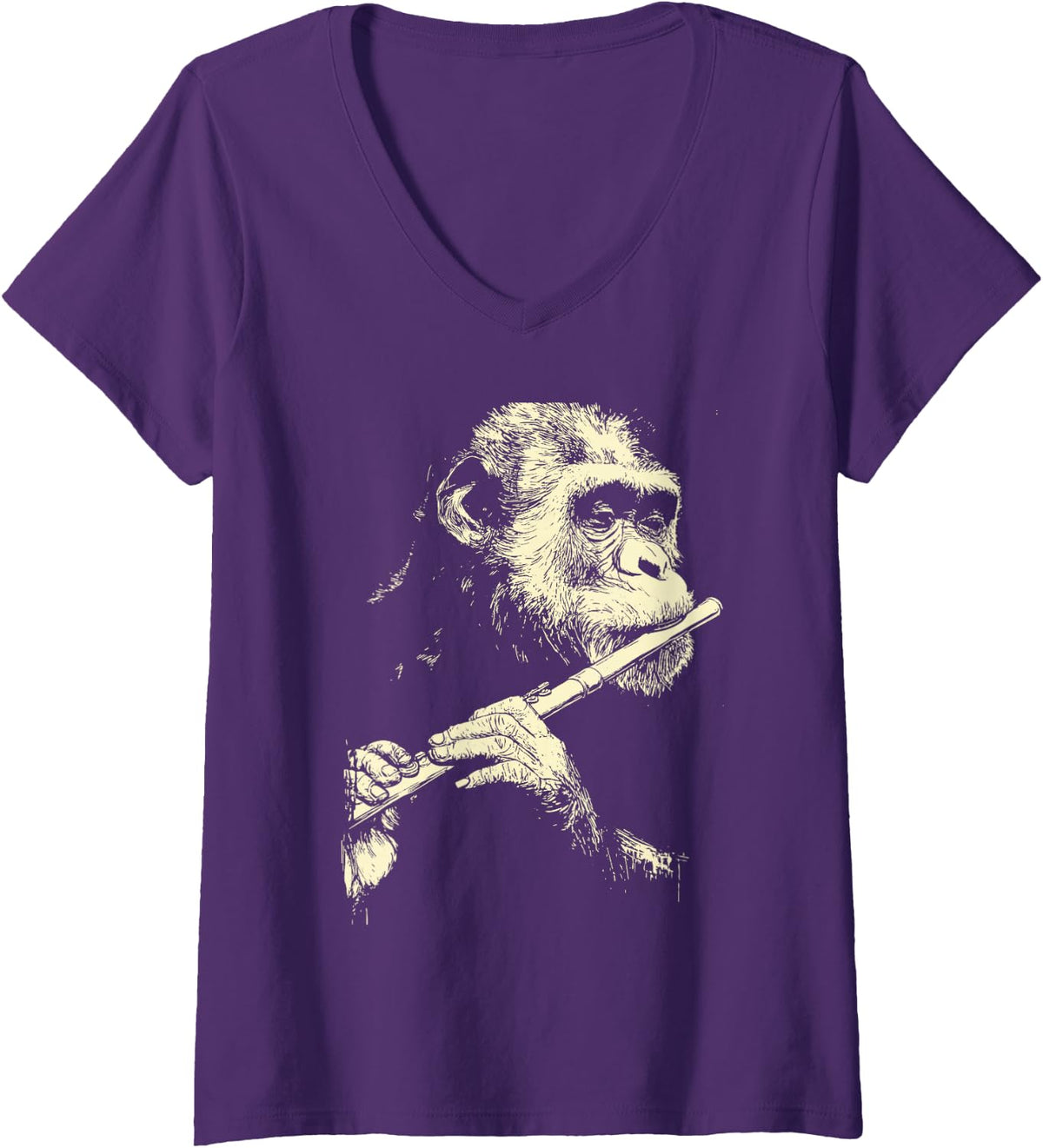Women's Cute Gorilla Playing Flute Funny Musician Animal Flutist V-Neck T-Shirt - Purple