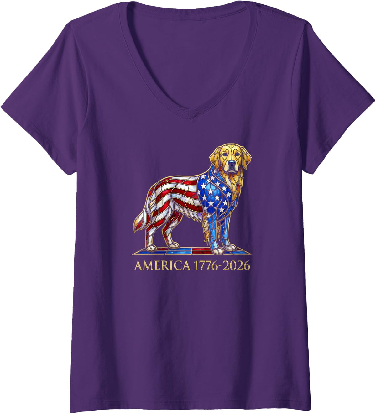 Women's Golden Retriever America 1776 2026 Patriotic USA 250 Years V-Neck T-Shirt - Purple