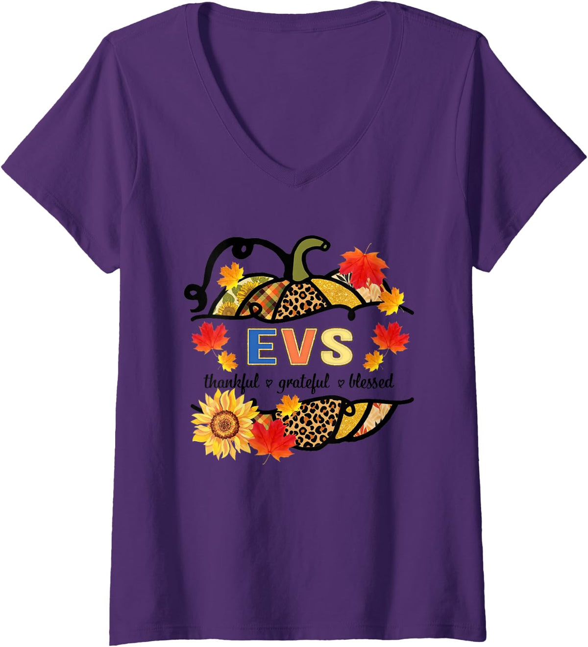 Women's Autumn Fall Outfit EVS Thankful Grateful Blessed Pumpkin V-Neck T-Shirt - Purple