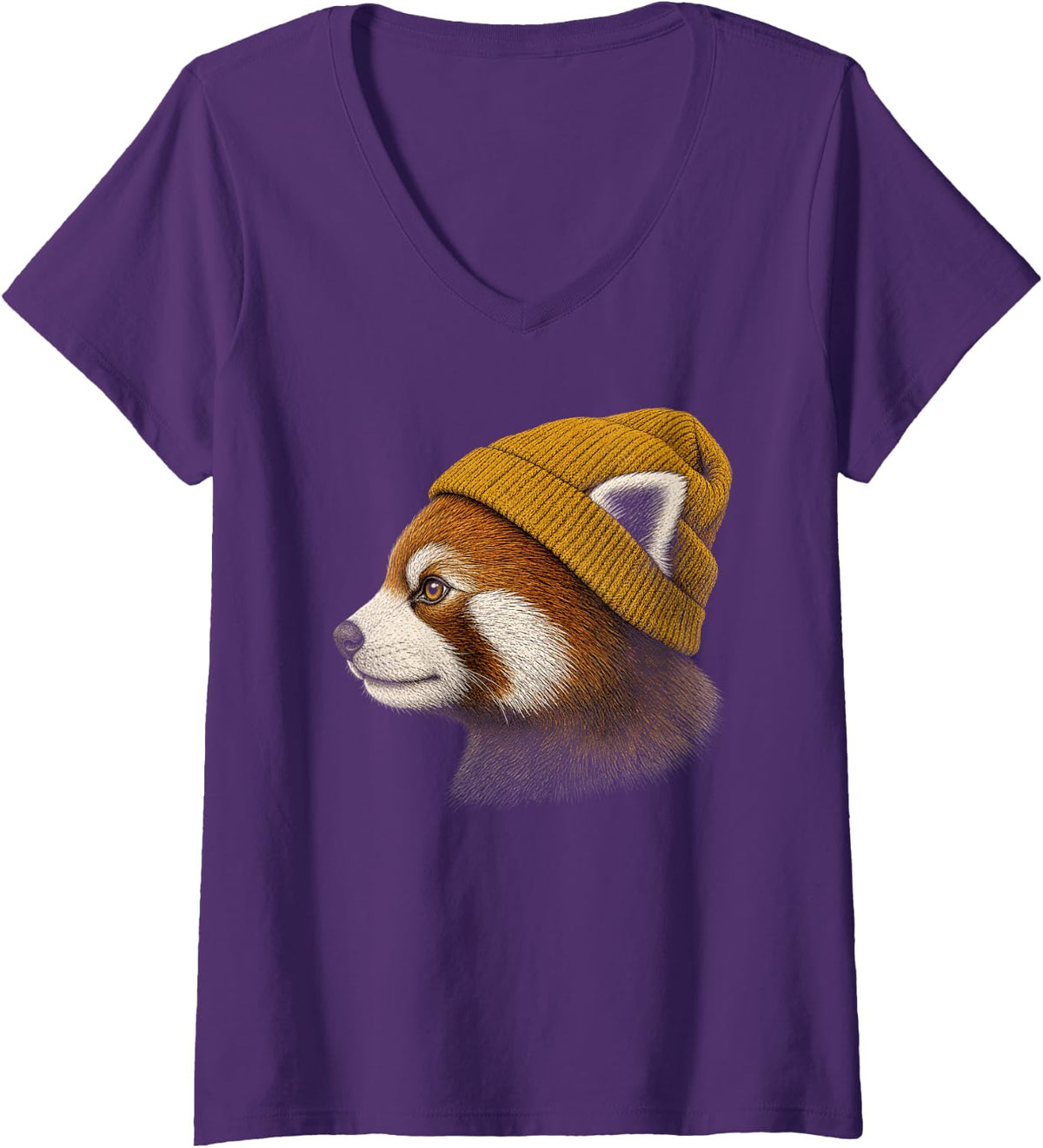 Women's Red Panda Winter Beanie V-Neck T-Shirt - Purple