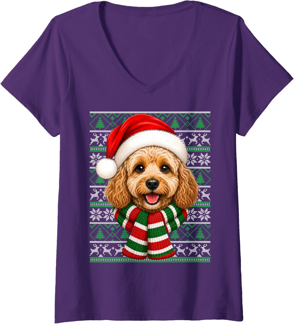 Women's Cockapoo Dog Christmas Santa Hat Ugly Sweaters Xmas V-Neck T-Shirt - Purple