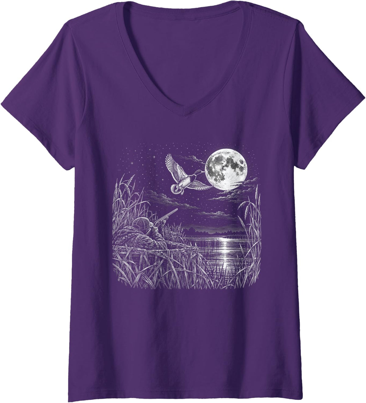 Women's Vintage Moonlight Duck Hunter Graphic V-Neck T-Shirt - Purple