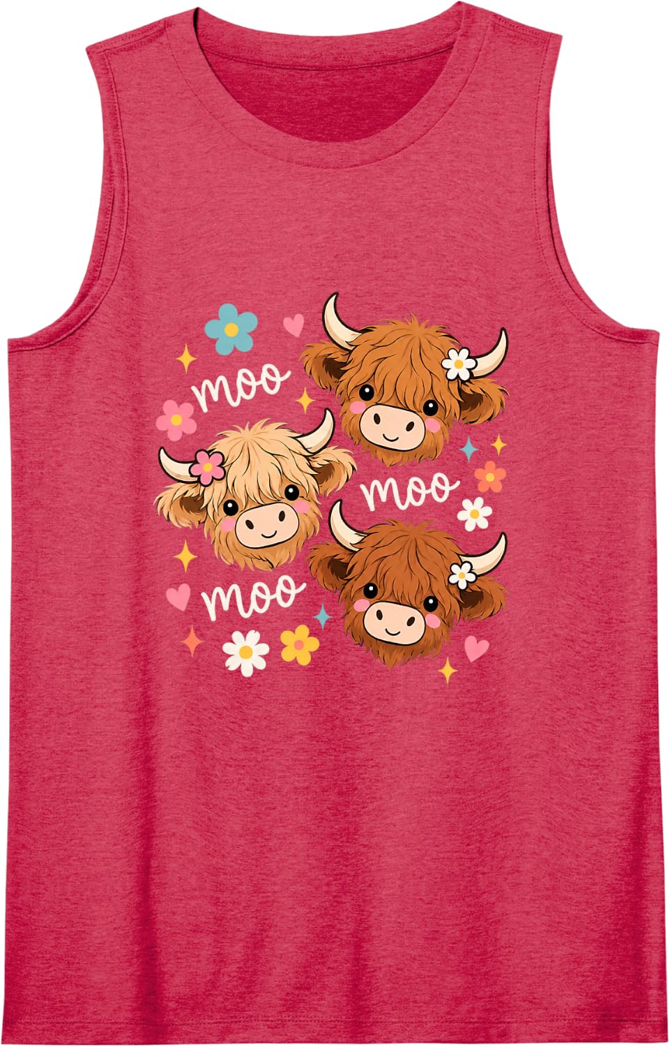 Cute Highland Cow Floral Moo Western Calf Sleeveless Tank Top - Red