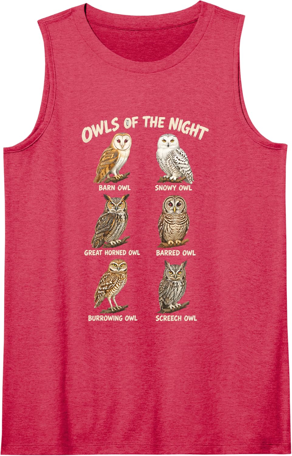 Owls of The Night Species Chart Owl Bird Watching Sleeveless Tank Top - Red