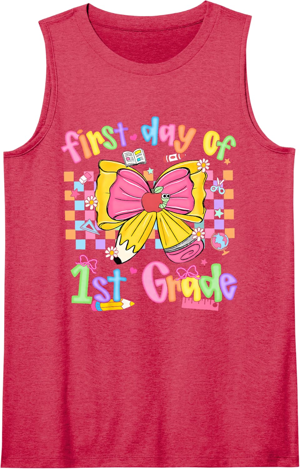 First Day of First Grade Teacher Coquette Pencil Bow Sleeveless Tank Top - Red