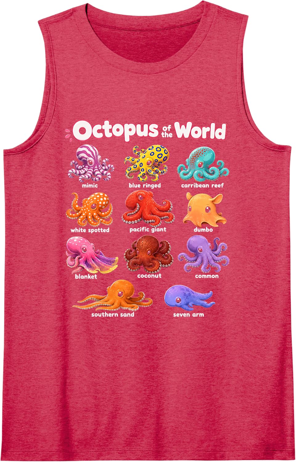 Octopus Sea Animals of the World Octopus Lover Educational Sleeveless Tank Top - Red