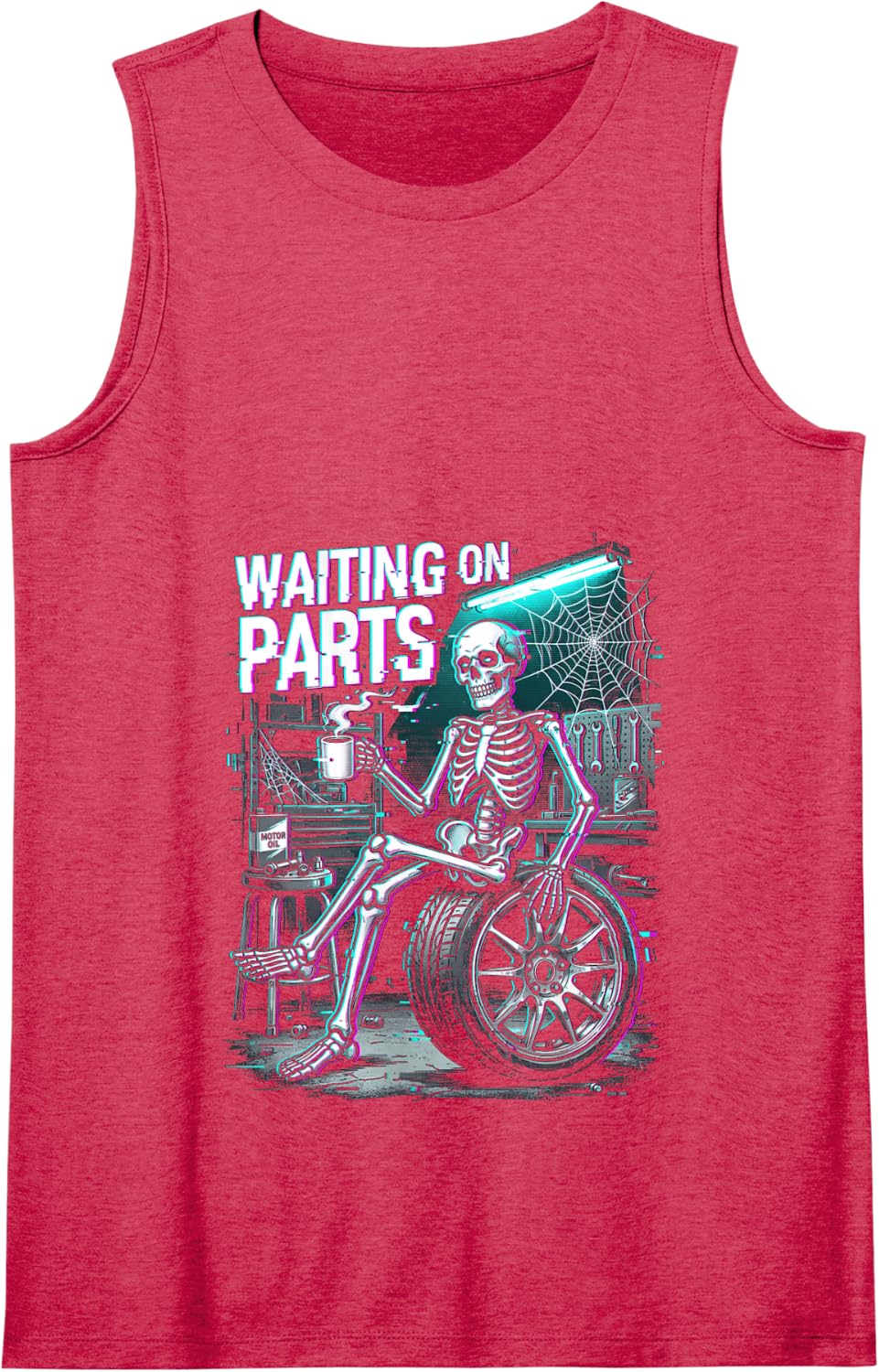 Waiting On Parts Skeleton Funny Mechanic Garage Humor Tank Top - Red