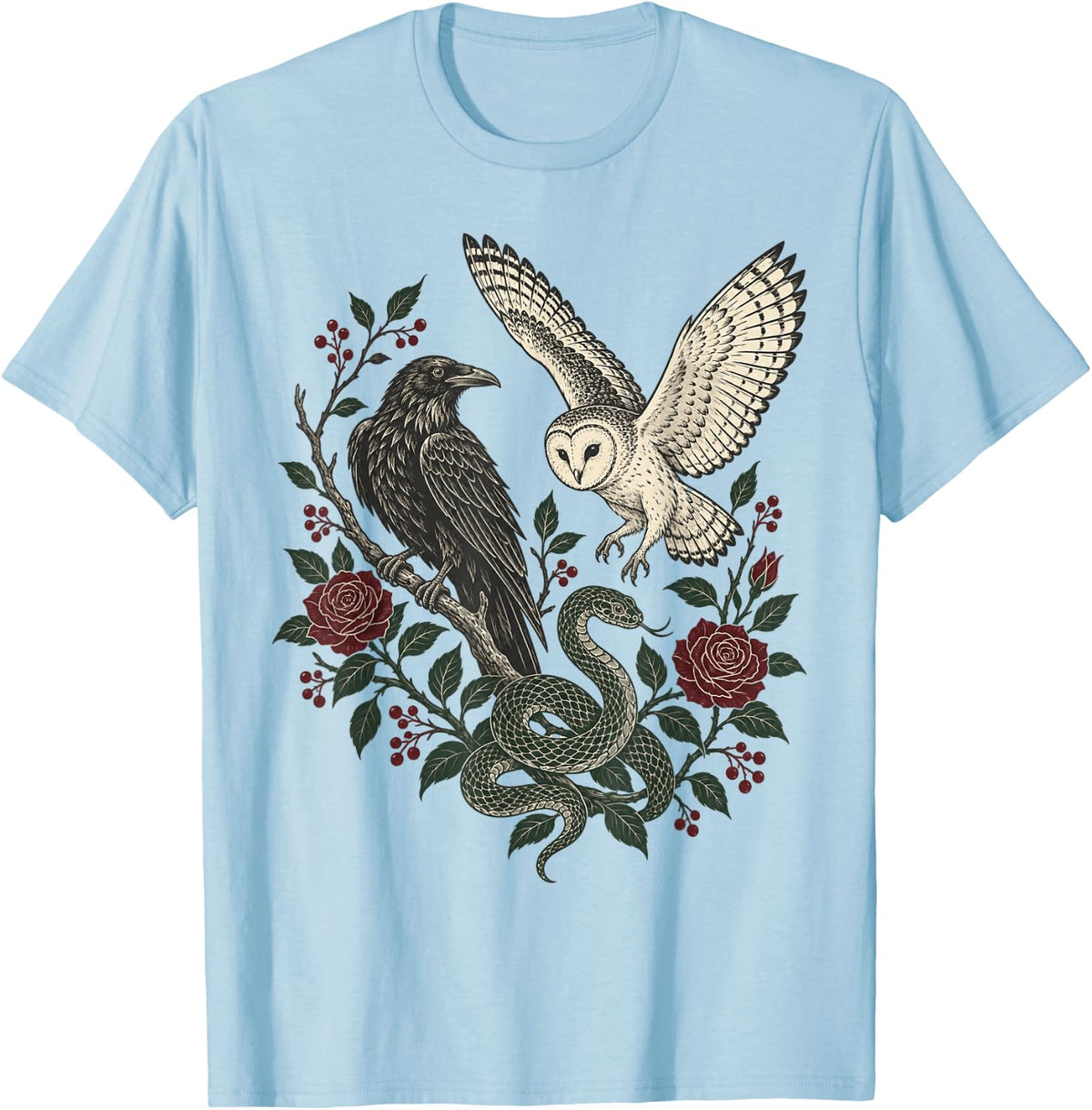 Gothic Raven Owl Snake Botanical Dark Academia T-Shirt - Baby Blue