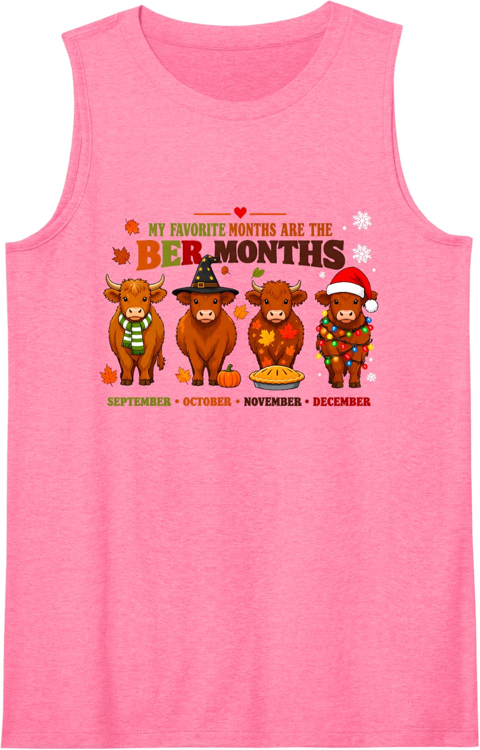 Highland Cow BER Months Fall Winter Holiday Season Sleeveless Tank Top - Pink