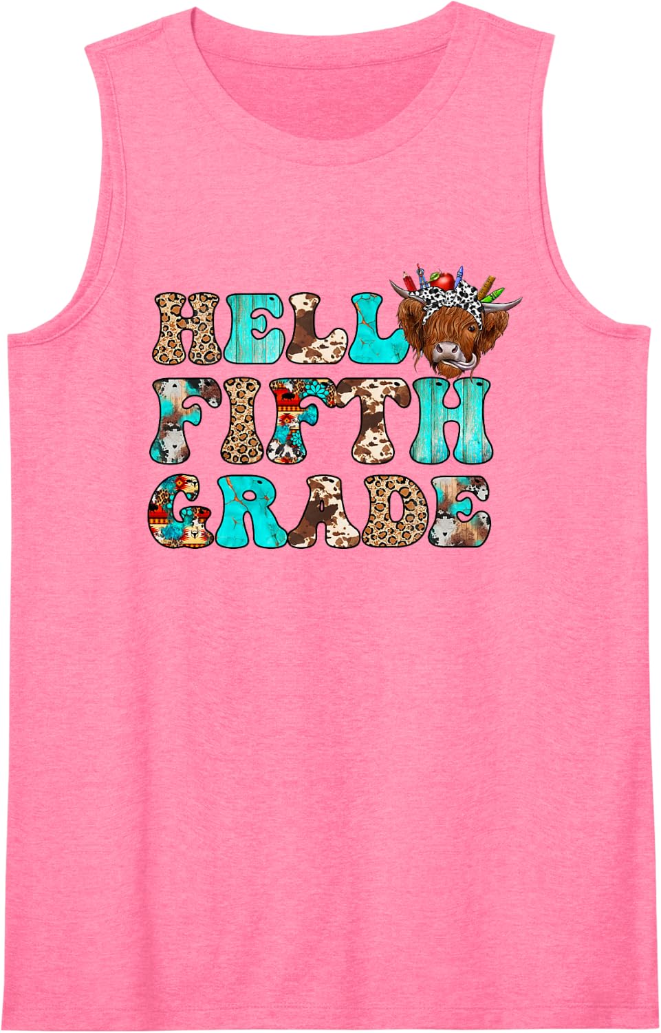 Hello Fifth Grade Team Highland Cow First Day of 5th Grade Sleeveless Tank Top - Pink