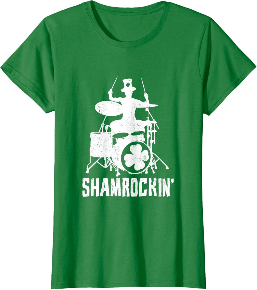 Shamrockin St Patrick's Day Drummer Four Leaf Clover Drum T-Shirt - Kelly Green