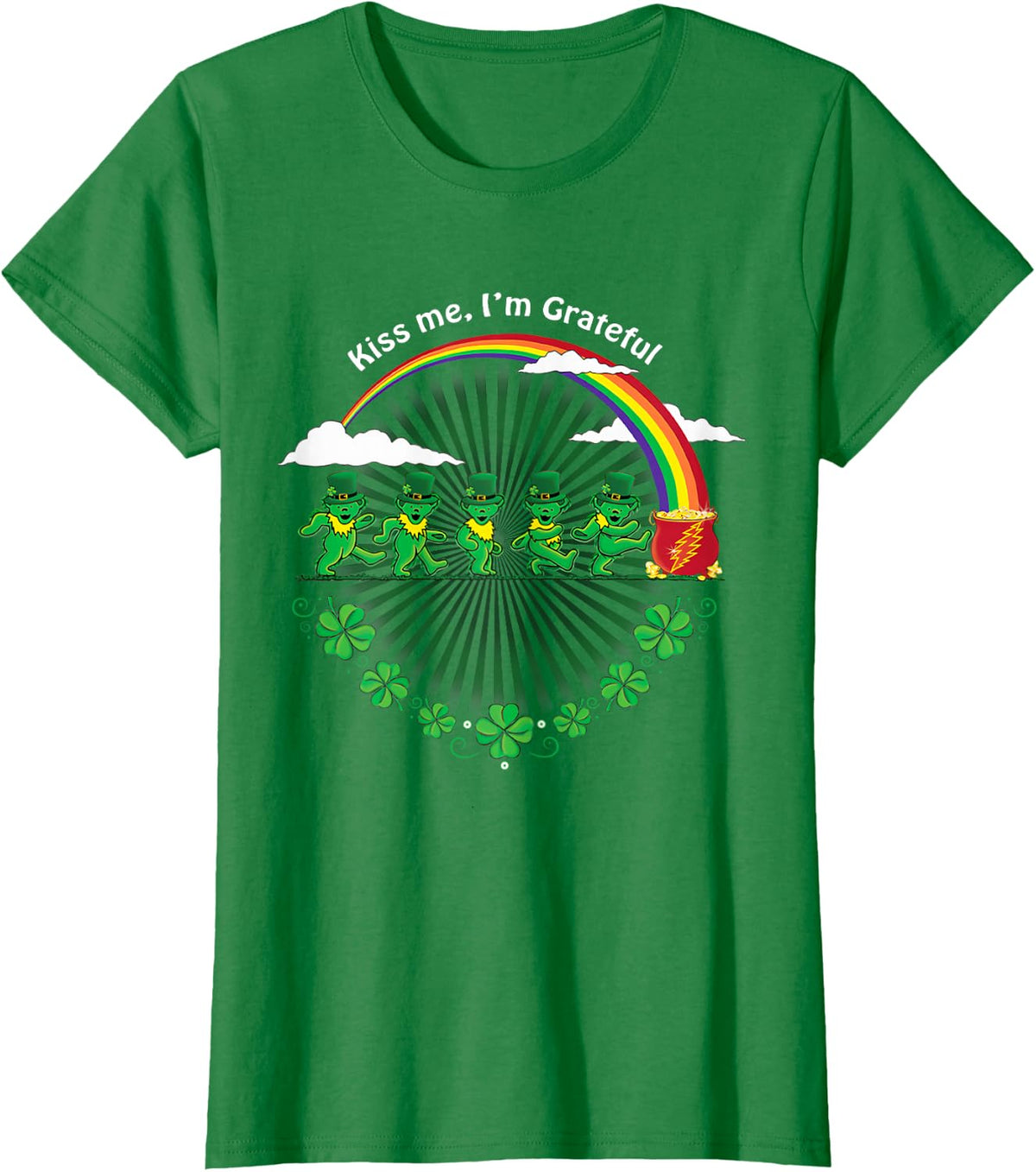 Kiss Me I'm Grateful Leprechauns Rainbow St Patricks Day T-Shirt - Kelly Green