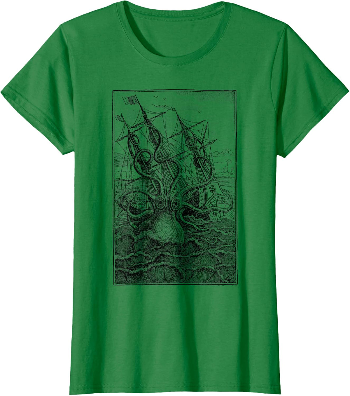Giant Octopus Pirate Ship Vintage Octopus T-Shirt Tee Sailing Squid Nautical - Kelly Green