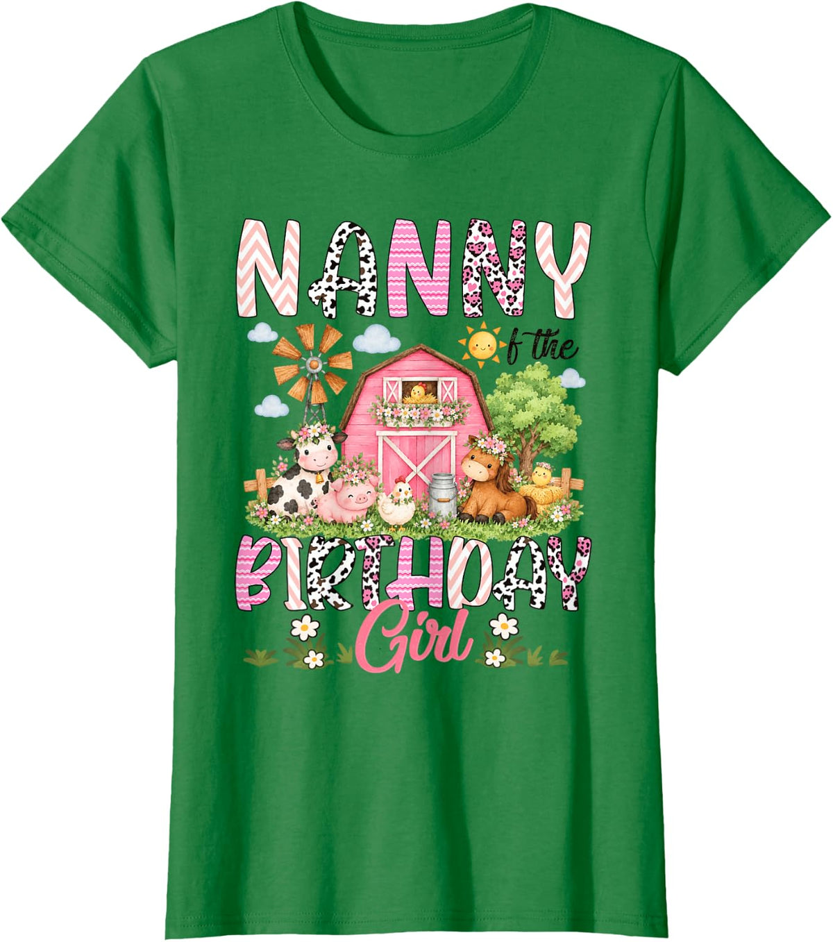 Nanny of The Birthday Girl Pink Farm Cow Animals Lover T-Shirt - Kelly Green