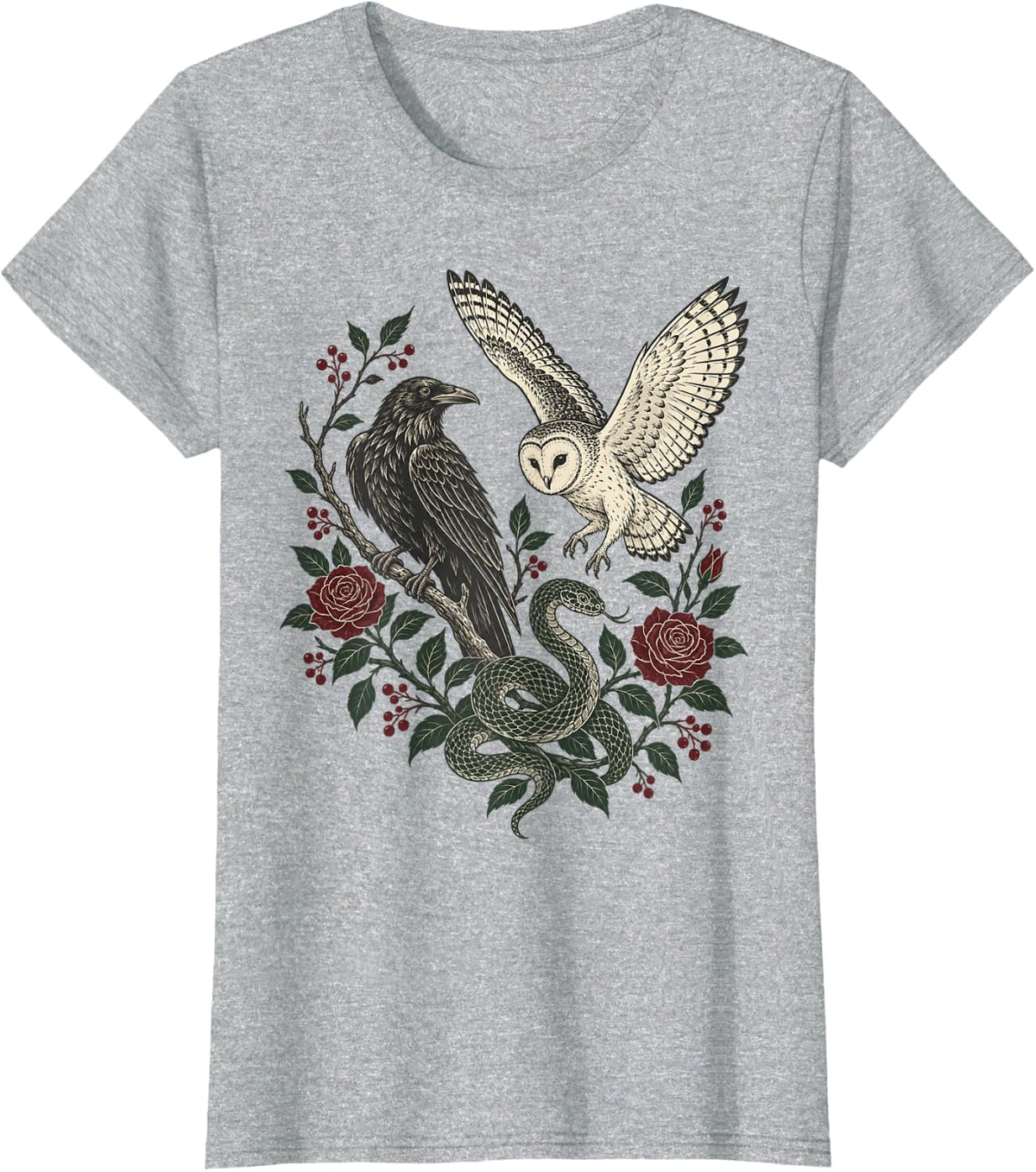 Gothic Raven Owl Snake Botanical Dark Academia T-Shirt - Heather Grey