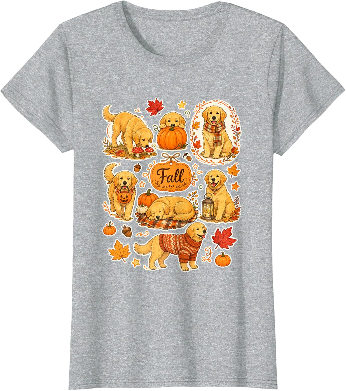 Cute Golden Retriever Fall Autumn Cozy Dog Love Thanksgiving T-Shirt - Heather Grey