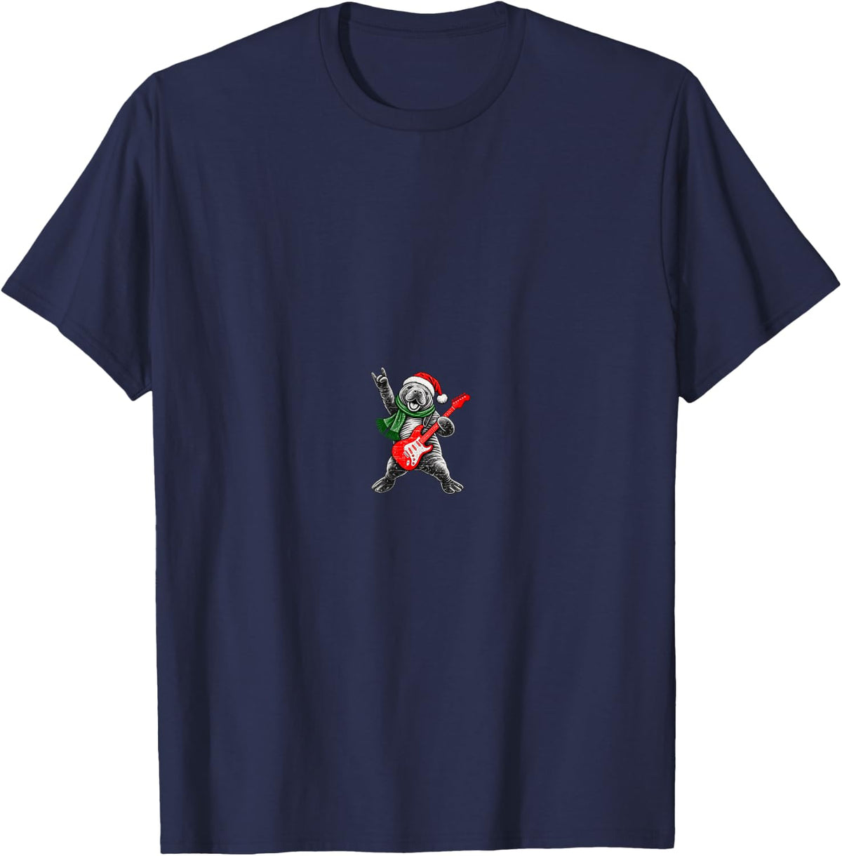 Vintage Manatee Rock Playing Guitar Funny Christmas T-Shirt - Navy Blue