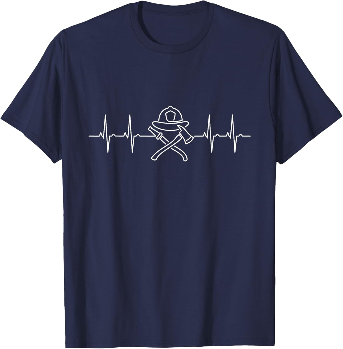 Firefighter Heartbeat EKG Helmet Fire Axe Line Art T-Shirt - Navy Blue