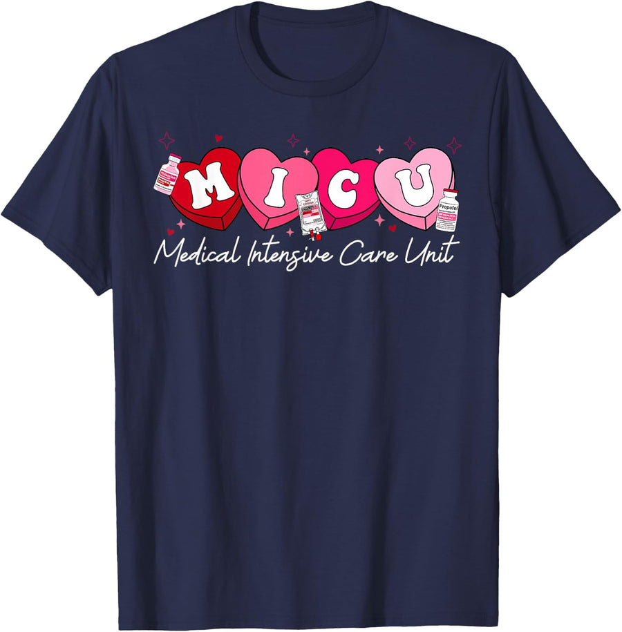 Heart Candy MICU Nurse Valentine's Day Medical Critical Icu T-Shirt - Navy Blue