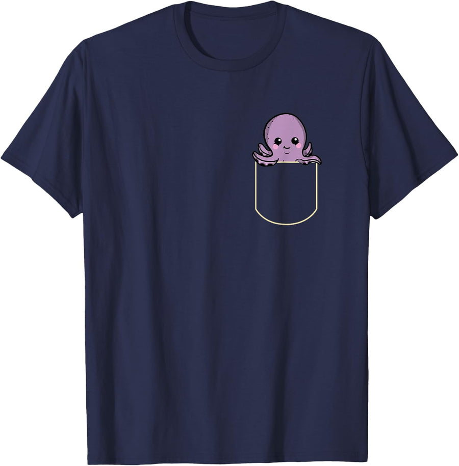 Funny Octopus In The Chest Pocket Gift Octopus Pocket T-Shirt - Navy Blue