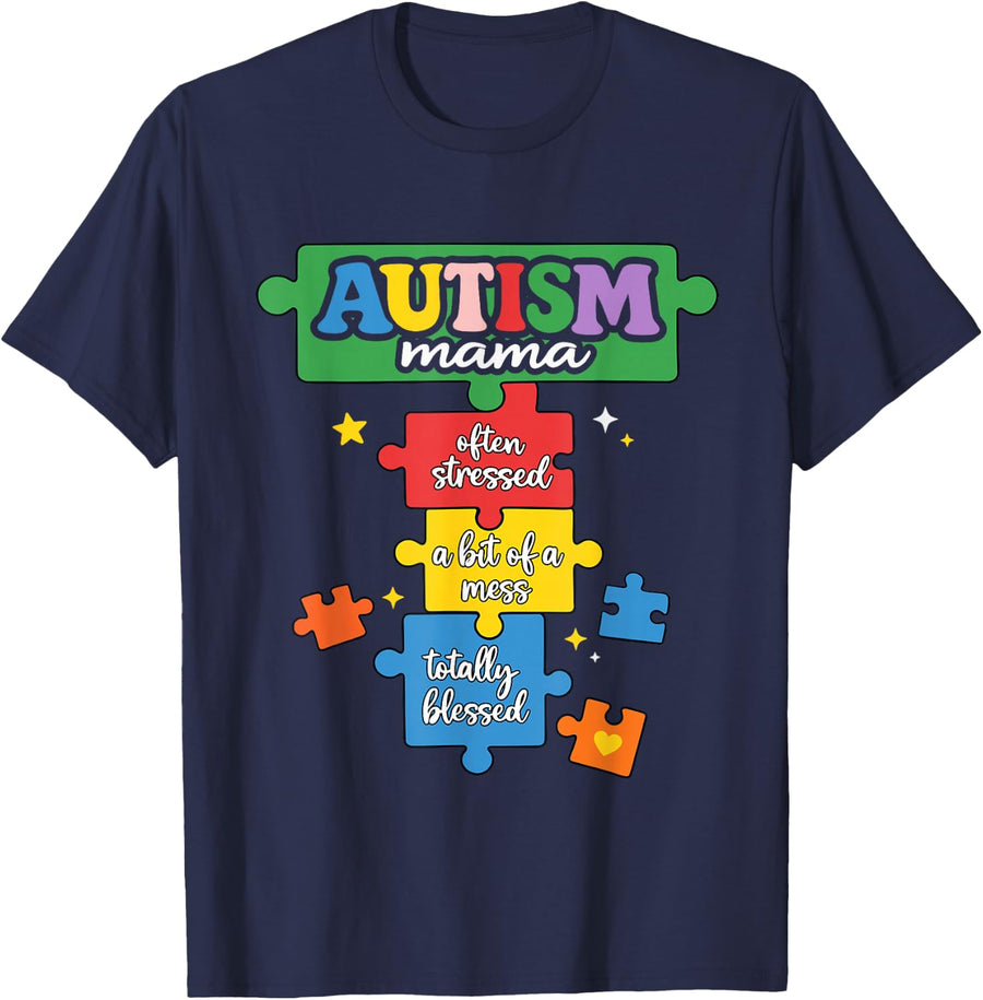 Autism Mama Puzzle Piece Autism Mom Awareness Neurodiversity T-Shirt - Navy Blue
