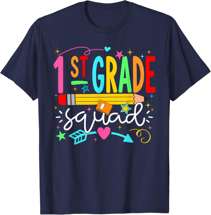 Back to School First Grade Squad Pencil Teacher Kids T-Shirt - Navy Blue