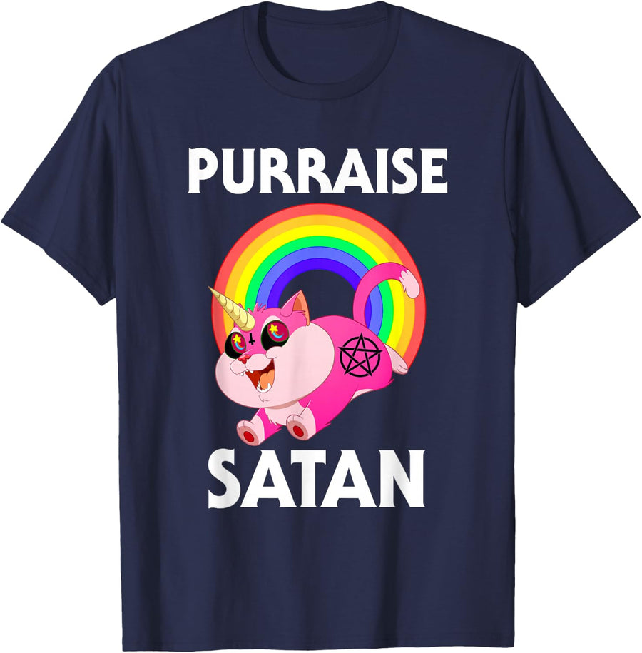Purraise Satan Cat, Hail Satanic Occult, Praise Satan T-Shirt - Navy Blue