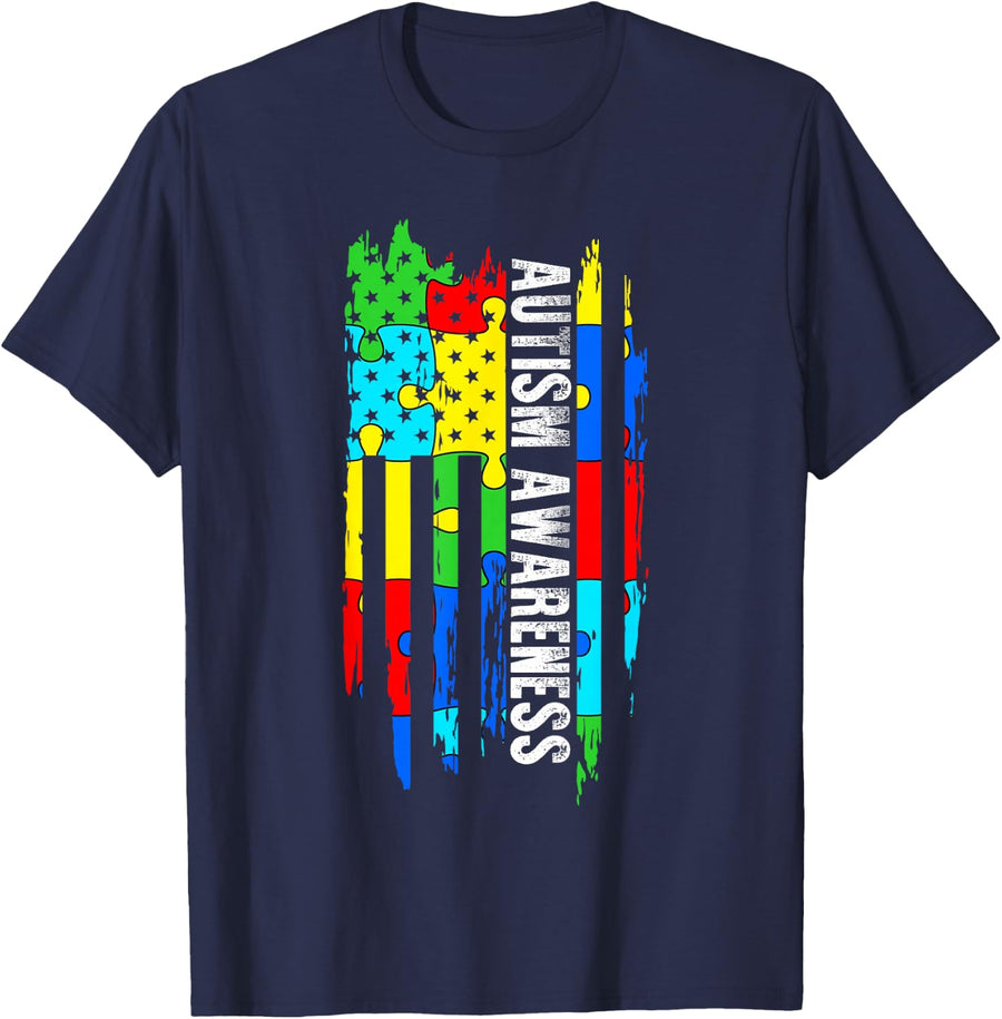 Autism Awareness Mom Dad USA Flag Funny Tee Shirt for Men Women Kids - Navy Blue