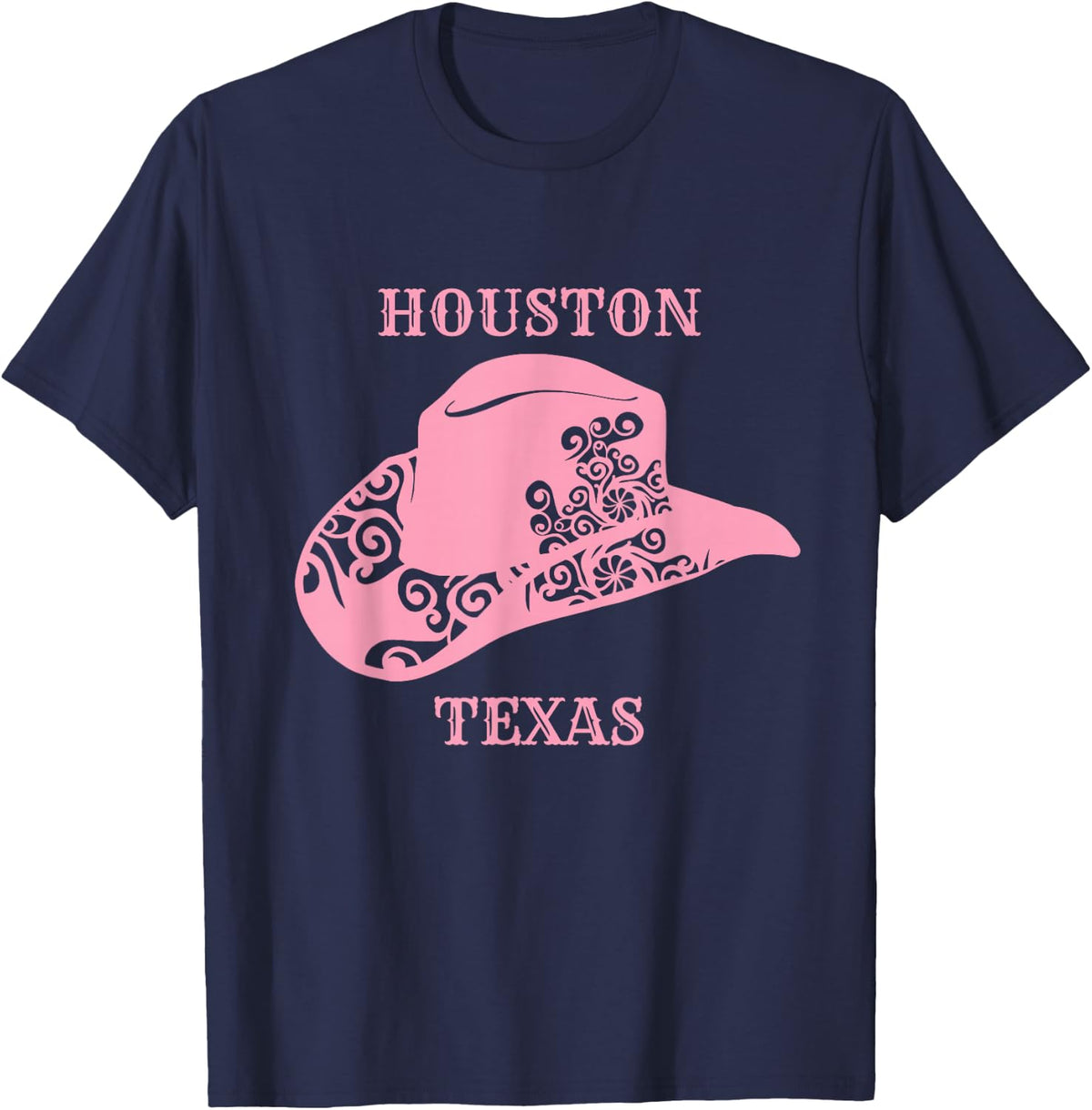 Pink Houston Texas Cowgirl Hat T-Shirt - Navy Blue