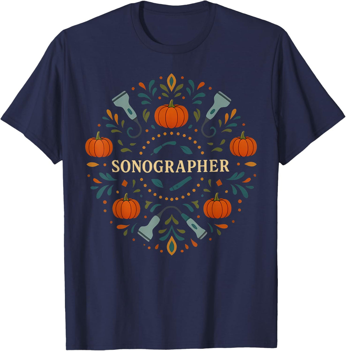 Floral Sonographer Halloween Fall Pumpkin Ultrasound Tech T-Shirt - Navy Blue