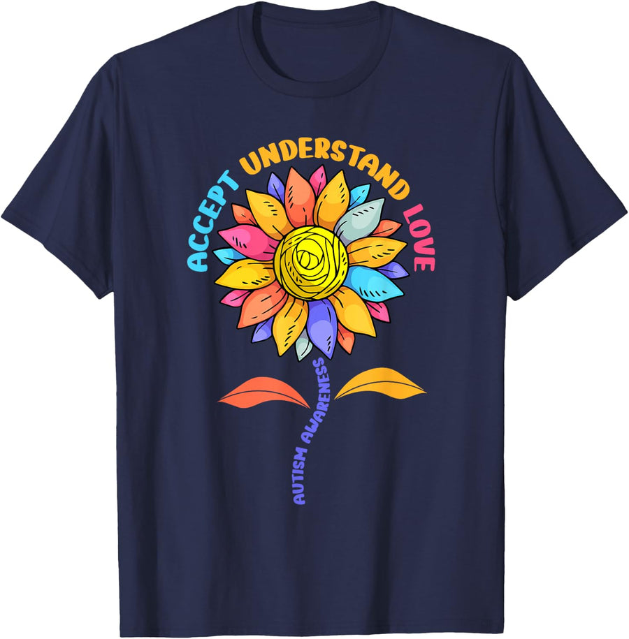 Autism Awareness Shirt Men Women kids Autism Sunflower T-Shirt - Navy Blue