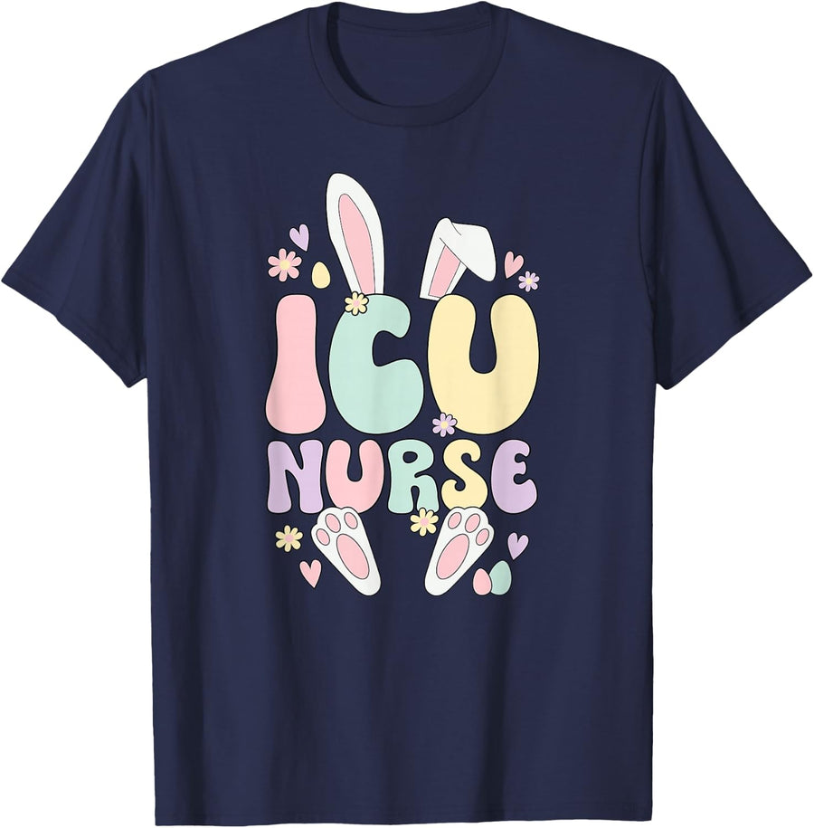 ICU Nurse Easter Bunny Intensive Care Unit Nurse Easter Day T-Shirt - Navy Blue