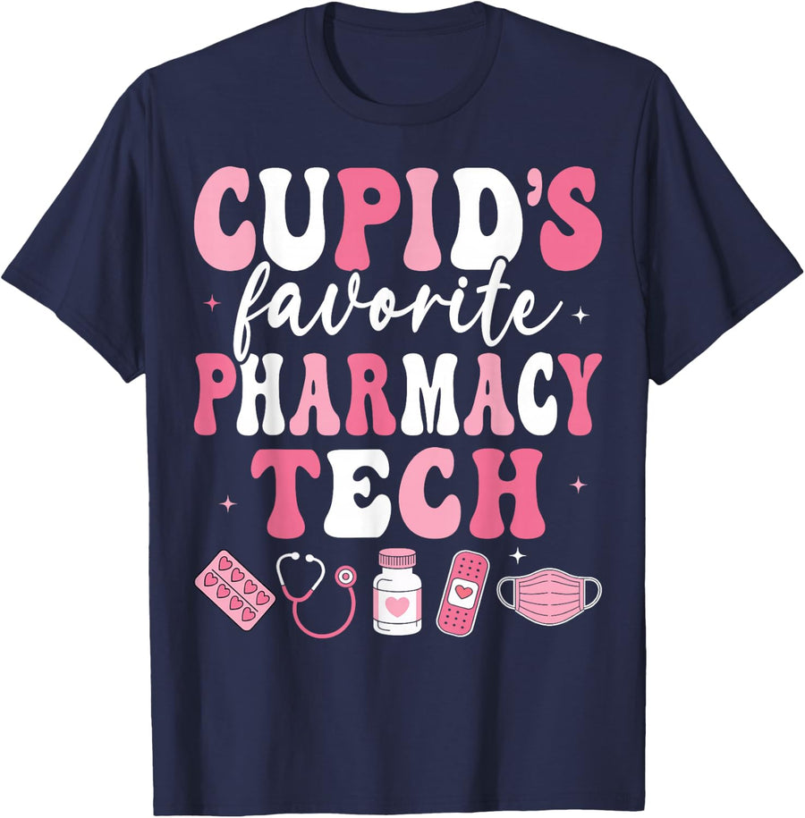 Cupid's Favorite Pharmacy Tech Valentine Pharmacy Technician T-Shirt - Navy Blue