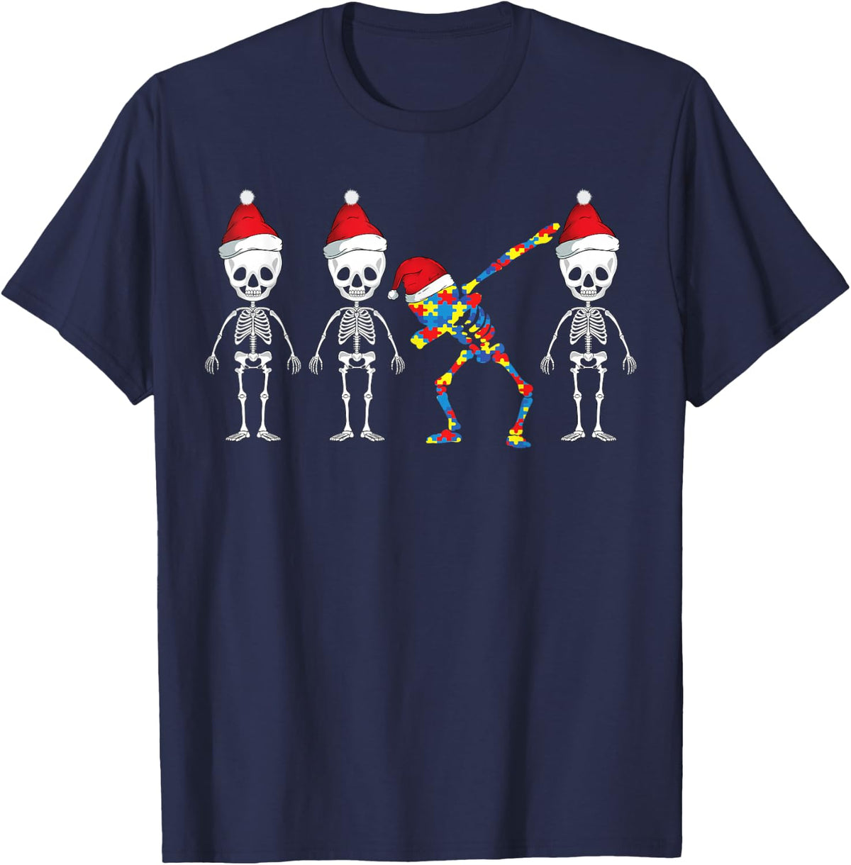 Autism Awareness Skeleton Dabbing Santa Hat Funny Christmas T-Shirt - Navy Blue