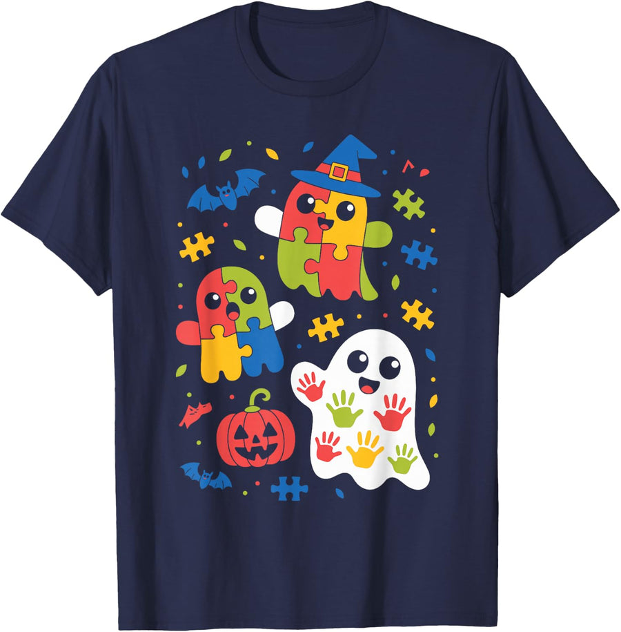 Autism Awareness Halloween Puzzle Piece Ghosts T-Shirt - Navy Blue