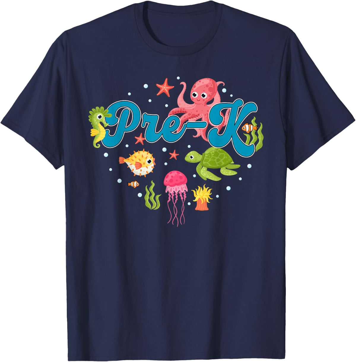 Retro Pre-K Ocean Animal Preschool Team Teacher Appreciation T-Shirt - Navy Blue
