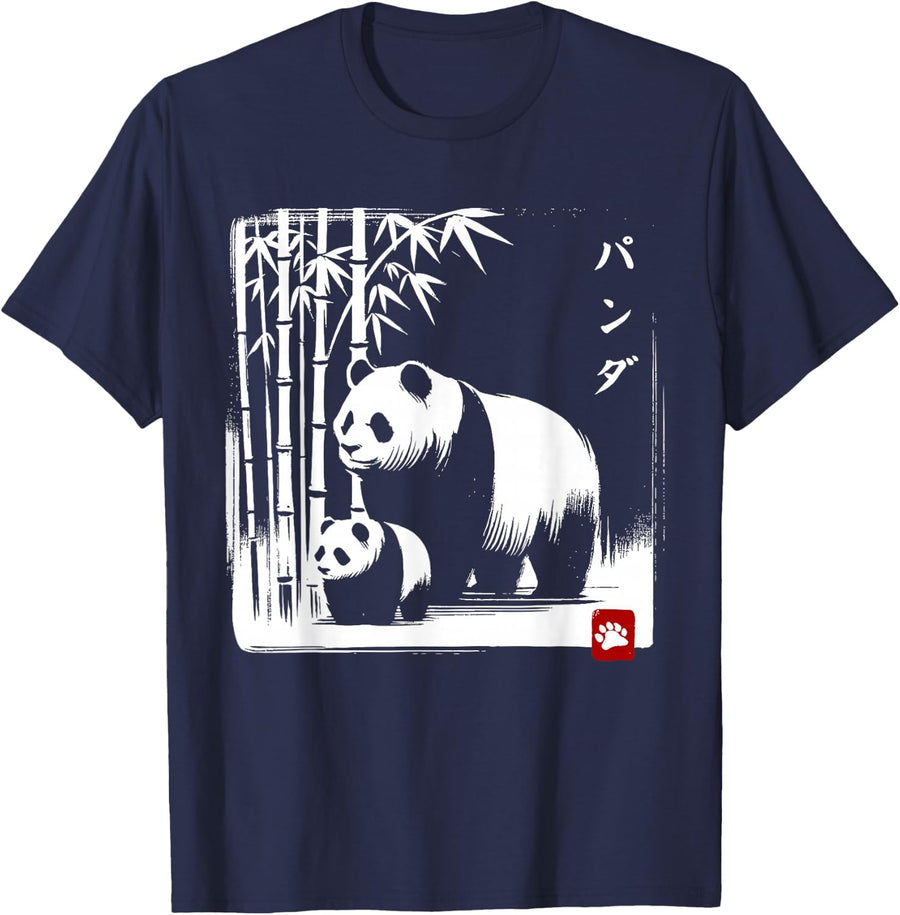 Kawaii Panda Ink Japanese Streetwear Novelty Funny Panda T-Shirt - Navy Blue