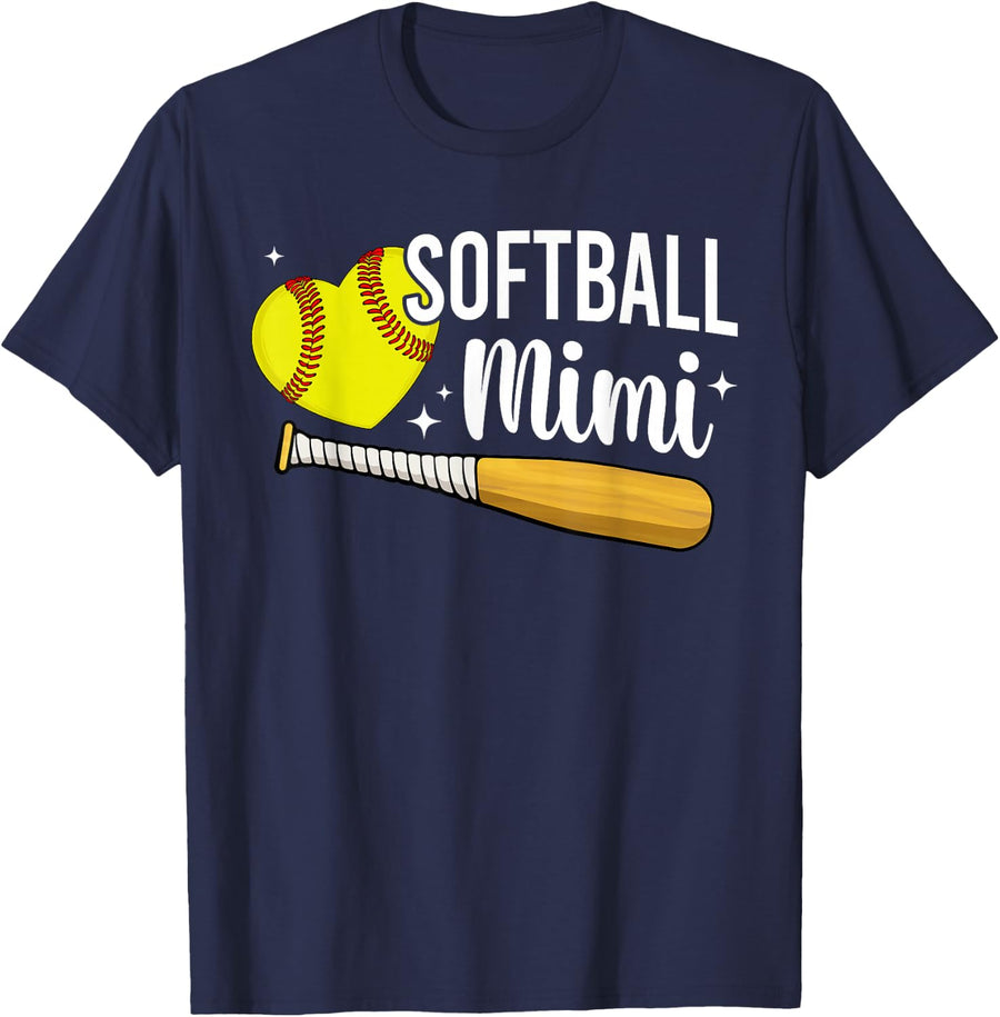 Softball Mimi Grandma Heart Mimi of A Softball Player Mimi T-Shirt - Navy Blue